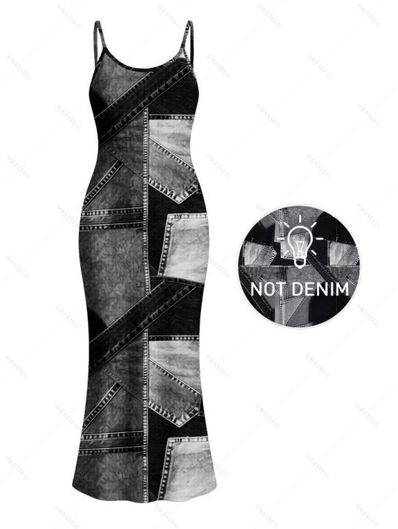 Casual Couple Outfit Faux Denim Patchwork Print Spaghetti Strap Maxi Bodycon Dress and Shirt Set - Noir S | US 4