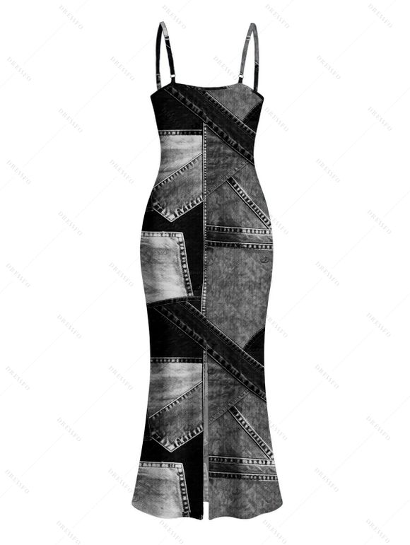 Casual Couple Outfit Faux Denim Patchwork Print Spaghetti Strap Maxi Bodycon Dress and Shirt Set - Noir S | US 4