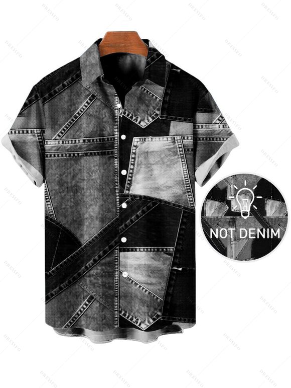 Casual Couple Outfit Faux Denim Patchwork Print Spaghetti Strap Maxi Bodycon Dress and Shirt Set - Noir S | US 4