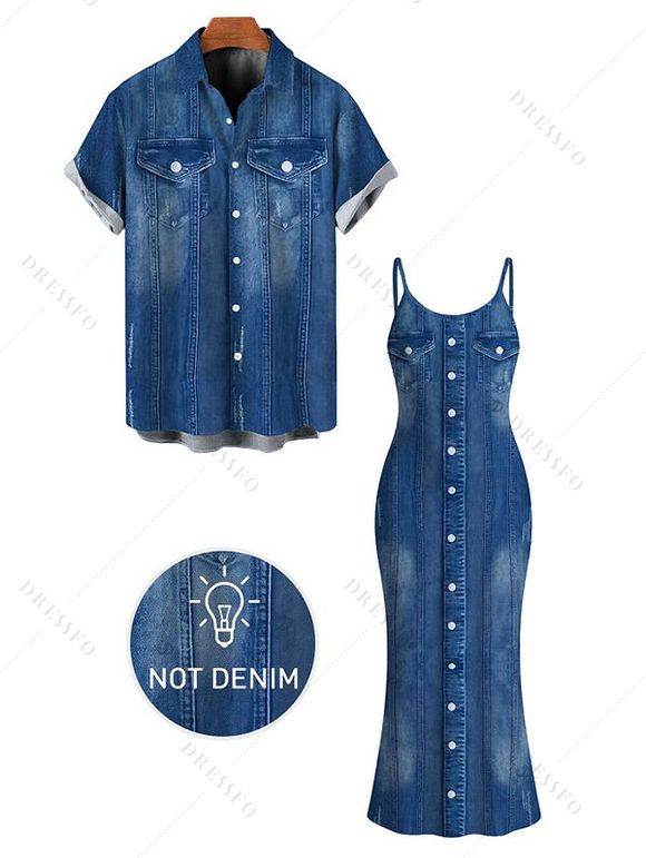 Casual Couple Outfit Faux Denim Print Spaghetti Strap Maxi Bodycon Dress and Shirt Set - Bleu Toile de Jean S | US 4