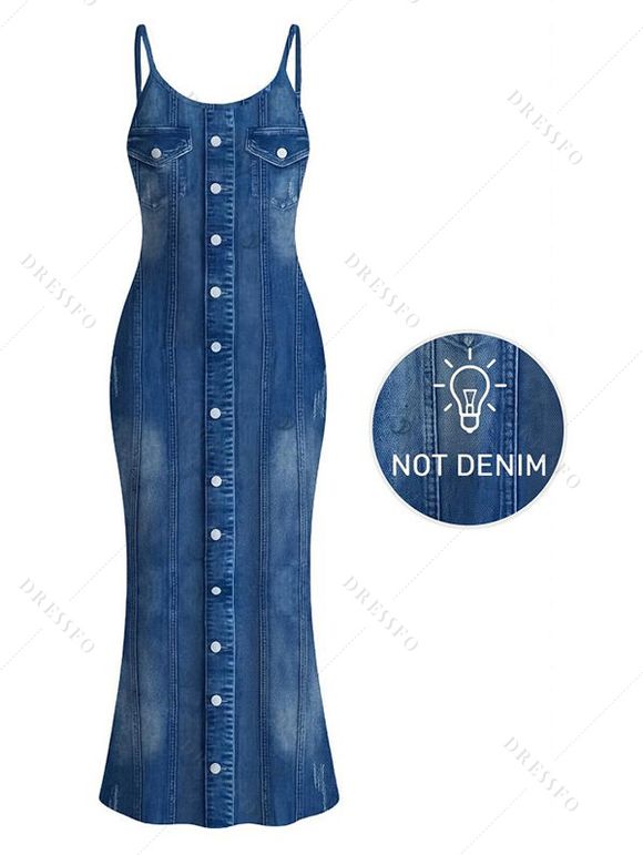Casual Couple Outfit Faux Denim Print Spaghetti Strap Maxi Bodycon Dress and Shirt Set - Bleu Toile de Jean S | US 4