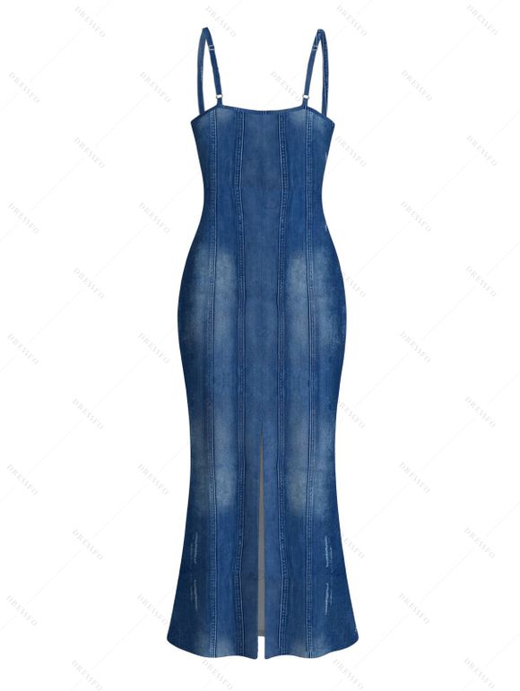 Casual Couple Outfit Faux Denim Print Spaghetti Strap Maxi Bodycon Dress and Shirt Set - Bleu Toile de Jean S | US 4