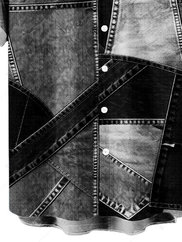 Men's Casual Shirt Faux Denim Patchwork Print Button Up Shirt - Noir S