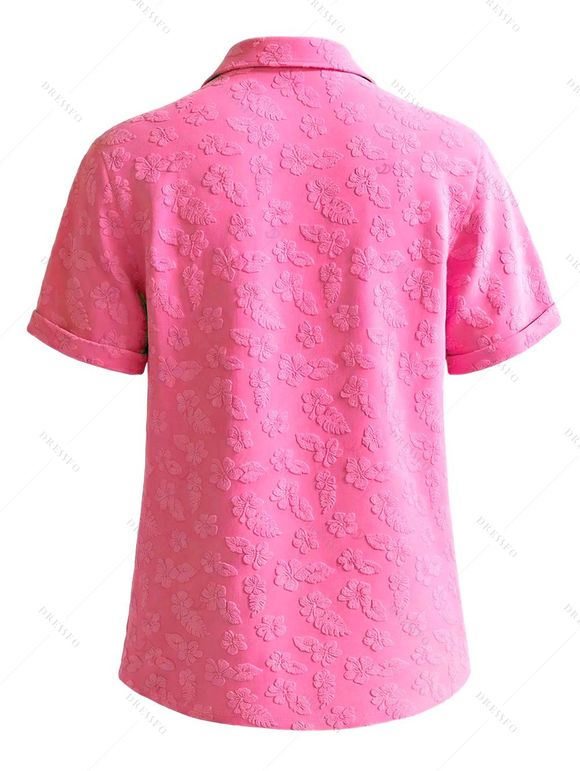 Men's Vacation Shirt Floral Leaf Textured Jacquard Print Button Up Shirt - Rose Vif 5XL