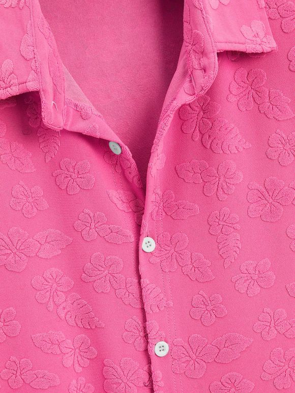 Men's Vacation Shirt Floral Leaf Textured Jacquard Print Button Up Shirt - Rose Vif 5XL