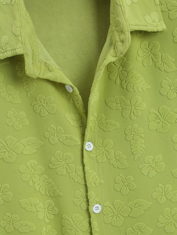 Men's Vacation Shirt Floral Leaf Textured Jacquard Print Button Up Shirt - Vert 5XL