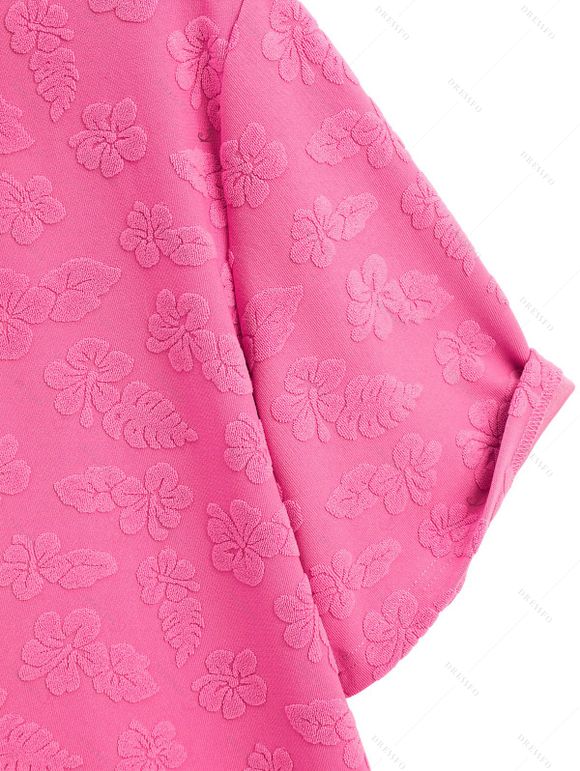 Men's Vacation Shirt Floral Leaf Textured Jacquard Print Button Up Shirt - Rose Vif 5XL