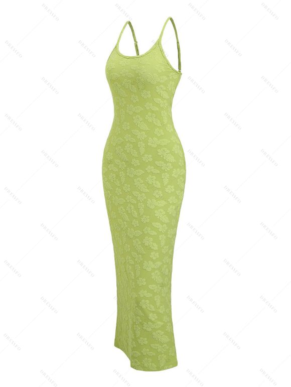 Vacation Dress Floral Leaf Textured Jacquard Print Spaghetti Strap Maxi Bodycon Dress - Vert XXL | US 14