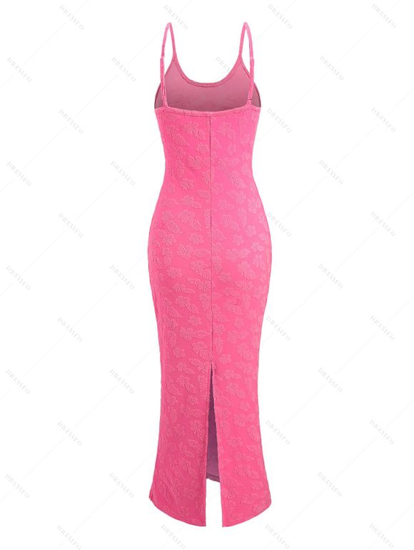 Vacation Dress Floral Leaf Textured Jacquard Print Spaghetti Strap Maxi Bodycon Dress - Rose Vif XXL | US 14
