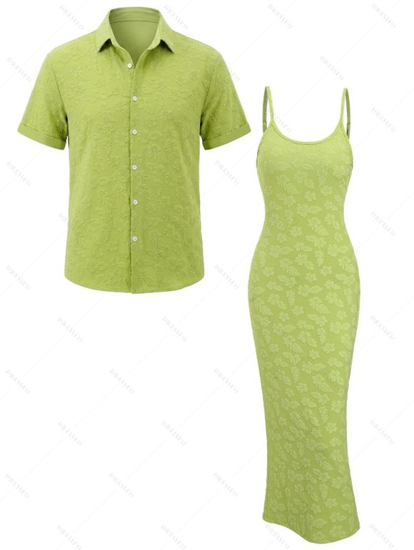 Vacation Couple Outfit Floral Leaf Textured Jacquard Print Spaghetti Strap Maxi Bodycon Dress and Shirt Set - Vert S | US 4