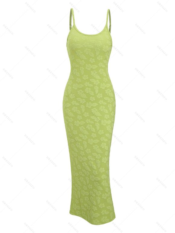 Vacation Couple Outfit Floral Leaf Textured Jacquard Print Spaghetti Strap Maxi Bodycon Dress and Shirt Set - Vert S | US 4