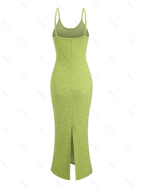 Vacation Couple Outfit Floral Leaf Textured Jacquard Print Spaghetti Strap Maxi Bodycon Dress and Shirt Set - Vert S | US 4