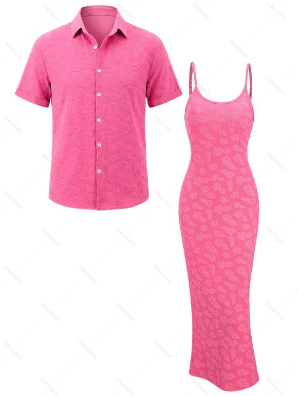 Vacation Couple Outfit Floral Leaf Textured Jacquard Print Spaghetti Strap Maxi Bodycon Dress and Shirt Set - Rose Vif S | US 4