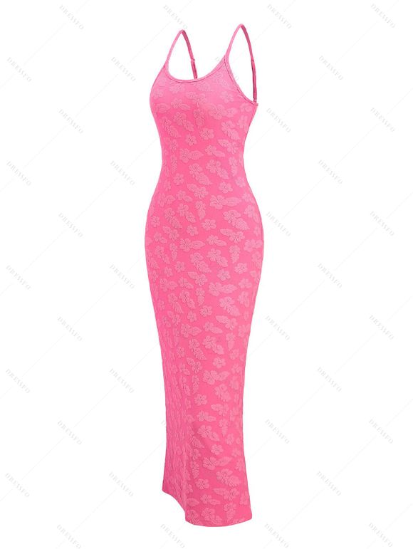 Vacation Couple Outfit Floral Leaf Textured Jacquard Print Spaghetti Strap Maxi Bodycon Dress and Shirt Set - Rose Vif S | US 4