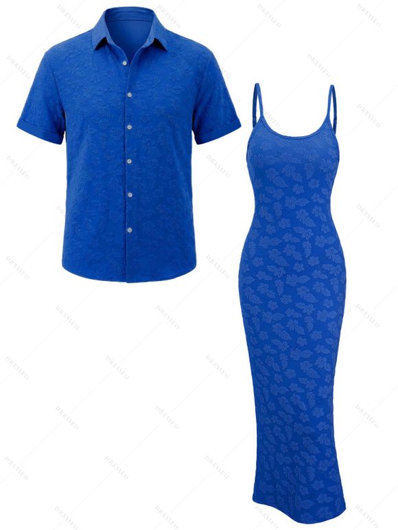 Vacation Couple Outfit Floral Leaf Textured Jacquard Print Spaghetti Strap Maxi Bodycon Dress and Shirt Set - Bleu S | US 4
