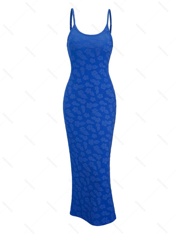 Vacation Couple Outfit Floral Leaf Textured Jacquard Print Spaghetti Strap Maxi Bodycon Dress and Shirt Set - Bleu S | US 4
