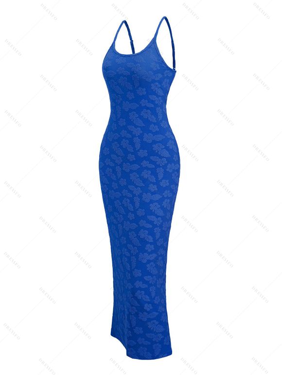 Vacation Couple Outfit Floral Leaf Textured Jacquard Print Spaghetti Strap Maxi Bodycon Dress and Shirt Set - Bleu S | US 4