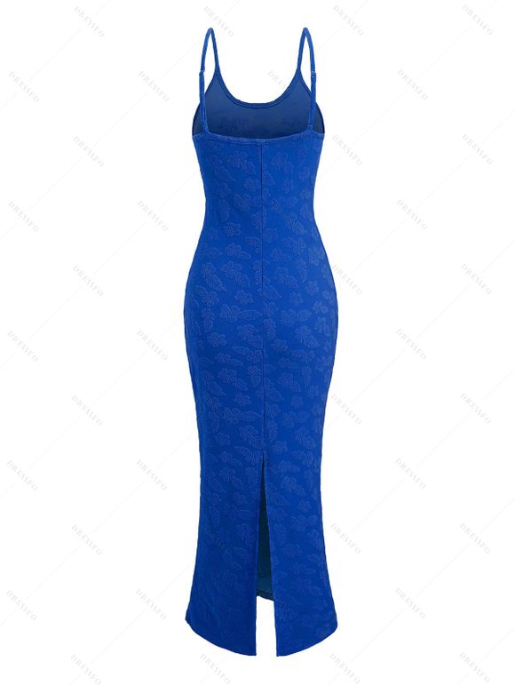 Vacation Couple Outfit Floral Leaf Textured Jacquard Print Spaghetti Strap Maxi Bodycon Dress and Shirt Set - Bleu S | US 4