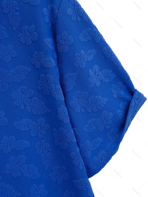 Vacation Couple Outfit Floral Leaf Textured Jacquard Print Spaghetti Strap Maxi Bodycon Dress and Shirt Set - Bleu S | US 4