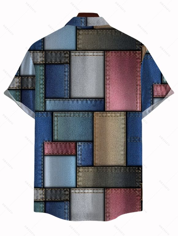 Men's Vintage Shirt Colored Distressed Faux Denim Patch Plaid Print Button Up Shirt - Bleu gris 5XL