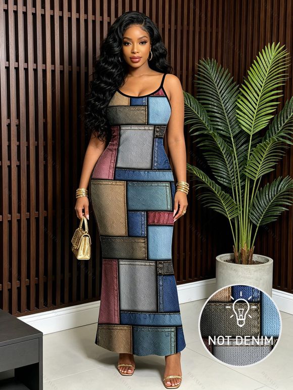 Vintage Dress Colored Distressed Faux Denim Patch Plaid Print Spaghetti Strap Maxi Bodycon Dress - Bleu gris XXL | US 14