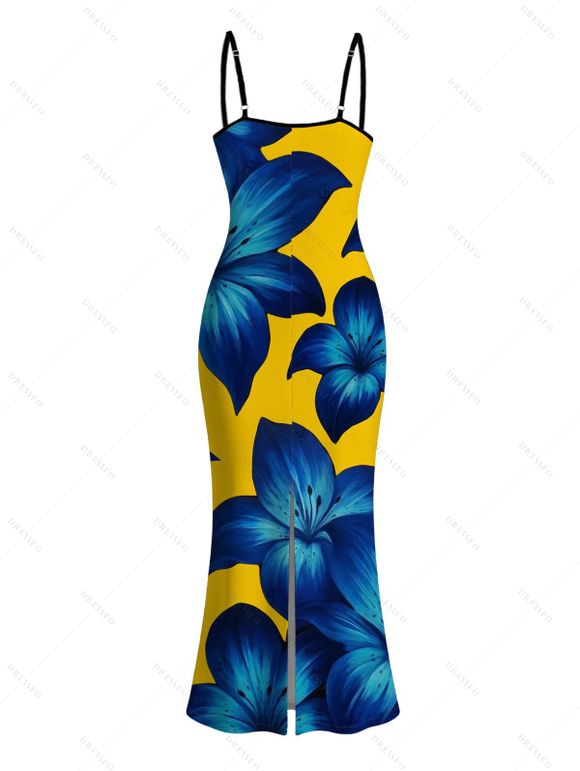 Vacation Dress Yellow Base Lily Floral Print Spaghetti Strap Maxi Bodycon Dress - Jaune XXL | US 14