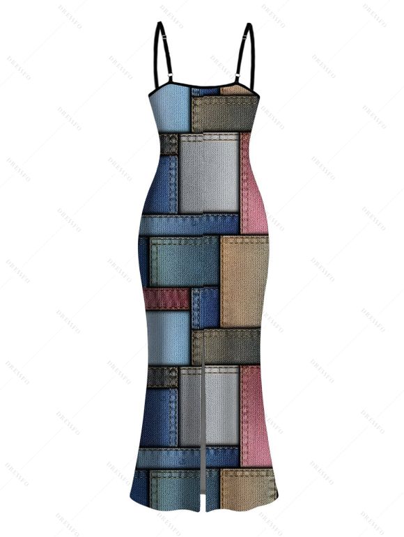 Vintage Dress Colored Distressed Faux Denim Patch Plaid Print Spaghetti Strap Maxi Bodycon Dress - Bleu gris XXL | US 14