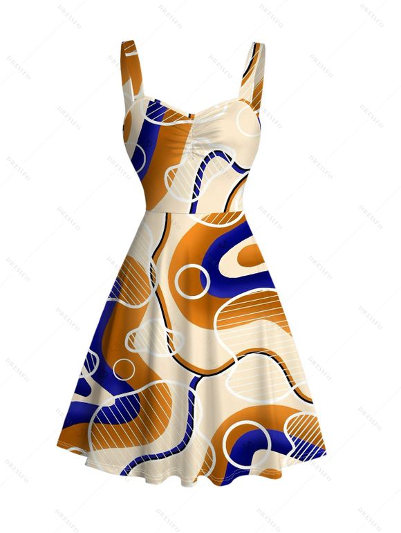 Vintage Couple Outfit Colorblock Geometric Curve Print Ruched Bust Mini Dress and Shirt Set - Jaune clair S | US 4