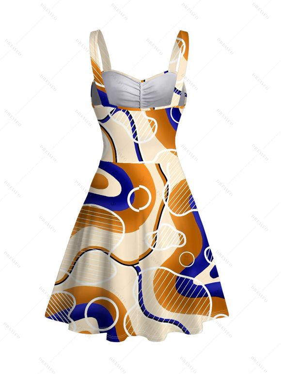 Vintage Couple Outfit Colorblock Geometric Curve Print Ruched Bust Mini Dress and Shirt Set - Jaune clair S | US 4