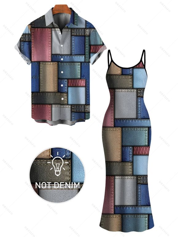 Vintage Couple Outfit Colored Distressed Faux Denim Patch Plaid Print Spaghetti Strap Maxi Bodycon Dress and Shirt Set - Bleu gris S | US 4