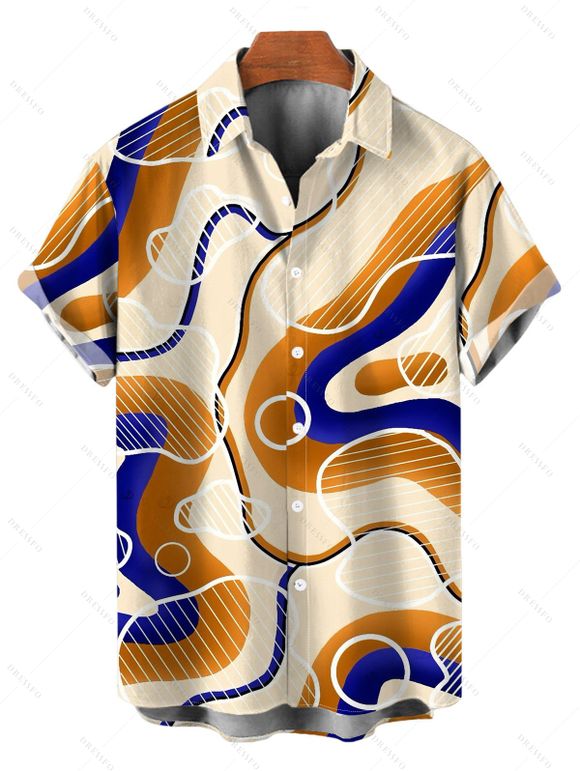 Vintage Couple Outfit Colorblock Geometric Curve Print Ruched Bust Mini Dress and Shirt Set - Jaune clair S | US 4