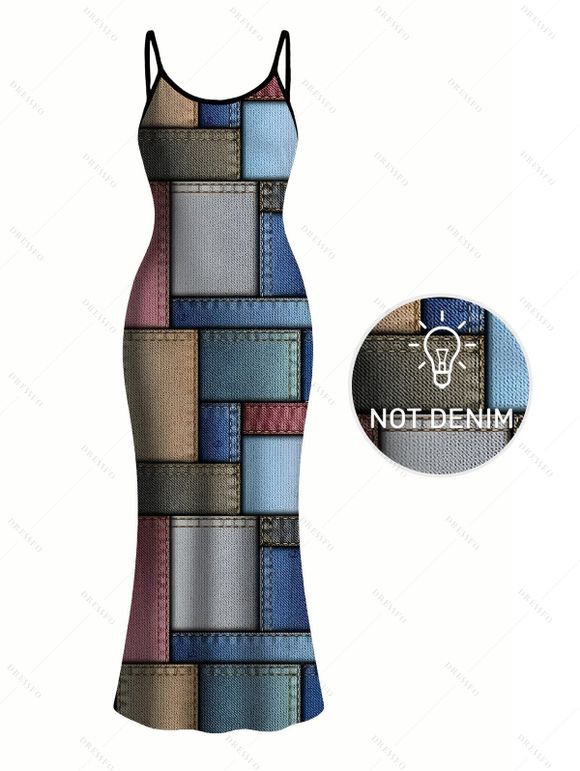 Vintage Couple Outfit Colored Distressed Faux Denim Patch Plaid Print Spaghetti Strap Maxi Bodycon Dress and Shirt Set - Bleu gris S | US 4
