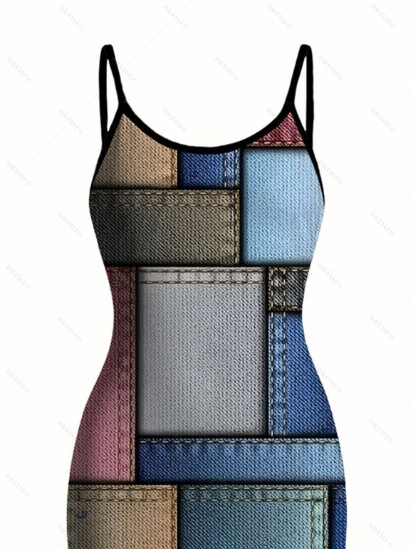 Vintage Couple Outfit Colored Distressed Faux Denim Patch Plaid Print Spaghetti Strap Maxi Bodycon Dress and Shirt Set - Bleu gris S | US 4