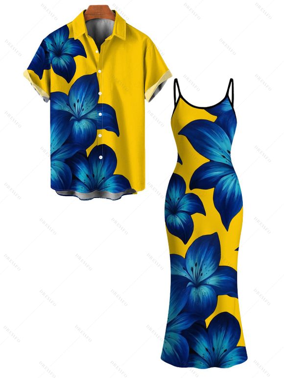 Vacation Couple Outfit Yellow Base Lily Floral Print Spaghetti Strap Maxi Bodycon Dress and Shirt Set - Jaune S | US 4