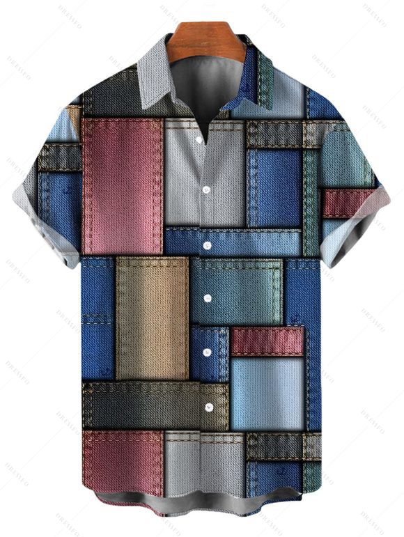 Vintage Couple Outfit Colored Distressed Faux Denim Patch Plaid Print Spaghetti Strap Maxi Bodycon Dress and Shirt Set - Bleu gris S | US 4