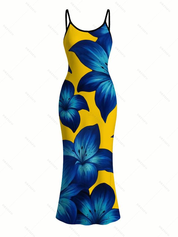 Vacation Couple Outfit Yellow Base Lily Floral Print Spaghetti Strap Maxi Bodycon Dress and Shirt Set - Jaune S | US 4