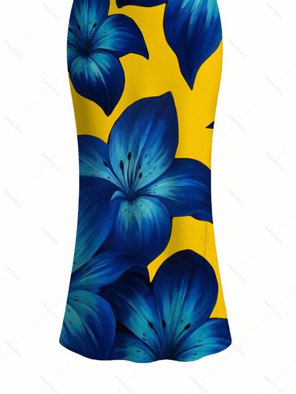 Vacation Couple Outfit Yellow Base Lily Floral Print Spaghetti Strap Maxi Bodycon Dress and Shirt Set - Jaune S | US 4