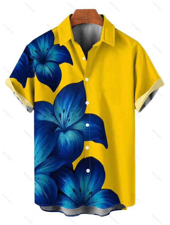 Vacation Couple Outfit Yellow Base Lily Floral Print Spaghetti Strap Maxi Bodycon Dress and Shirt Set - Jaune S | US 4