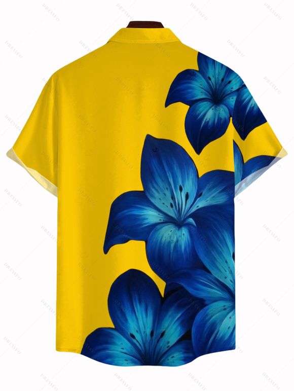 Vacation Couple Outfit Yellow Base Lily Floral Print Spaghetti Strap Maxi Bodycon Dress and Shirt Set - Jaune S | US 4