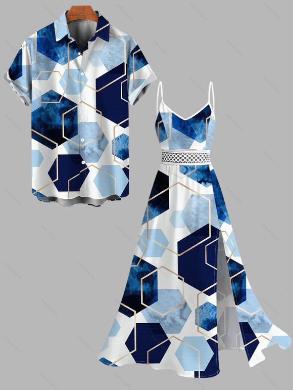 Vacation Couple Outfit Blue Ink Wash Gold Trim Hexagon Geometric Print Lace Hollow Out Slit Dress and Shirt Set - Bleu S | US 4