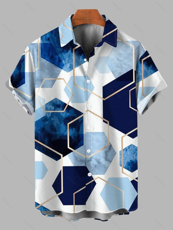 Vacation Couple Outfit Blue Ink Wash Gold Trim Hexagon Geometric Print Lace Hollow Out Slit Dress and Shirt Set - Bleu S | US 4