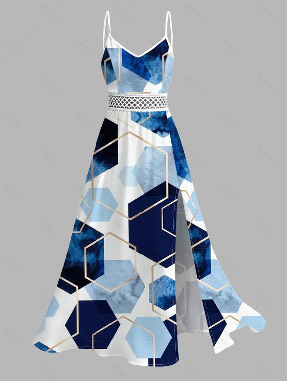 Vacation Dress Blue Ink Wash Gold Trim Hexagon Geometric Print Lace Hollow Out Slit Dress - Bleu XXXXXL | US 20