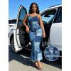 Casual Dress Faux Denim Patchwork Print Spaghetti Strap Maxi Bodycon Dress - Bleu Toile de Jean XXXXL | US 18