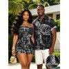 Vacation Couple Outfit Faux Demin Patchwork Print Pocket Off the Shoulder Romper and Shirt Set - Noir S | US 4
