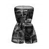Vacation Couple Outfit Faux Demin Patchwork Print Pocket Off the Shoulder Romper and Shirt Set - Noir S | US 4