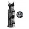 Casual Couple Outfit Faux Denim Patchwork Print Spaghetti Strap Maxi Bodycon Dress and Shirt Set - Noir S | US 4