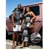 Casual Couple Outfit Faux Denim Patchwork Print Spaghetti Strap Maxi Bodycon Dress and Shirt Set - Noir S | US 4