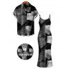 Casual Couple Outfit Faux Denim Patchwork Print Spaghetti Strap Maxi Bodycon Dress and Shirt Set - Noir S | US 4