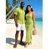 Vacation Couple Outfit Floral Leaf Textured Jacquard Print Spaghetti Strap Maxi Bodycon Dress and Shirt Set - Vert S | US 4