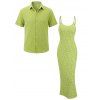 Vacation Couple Outfit Floral Leaf Textured Jacquard Print Spaghetti Strap Maxi Bodycon Dress and Shirt Set - Vert S | US 4